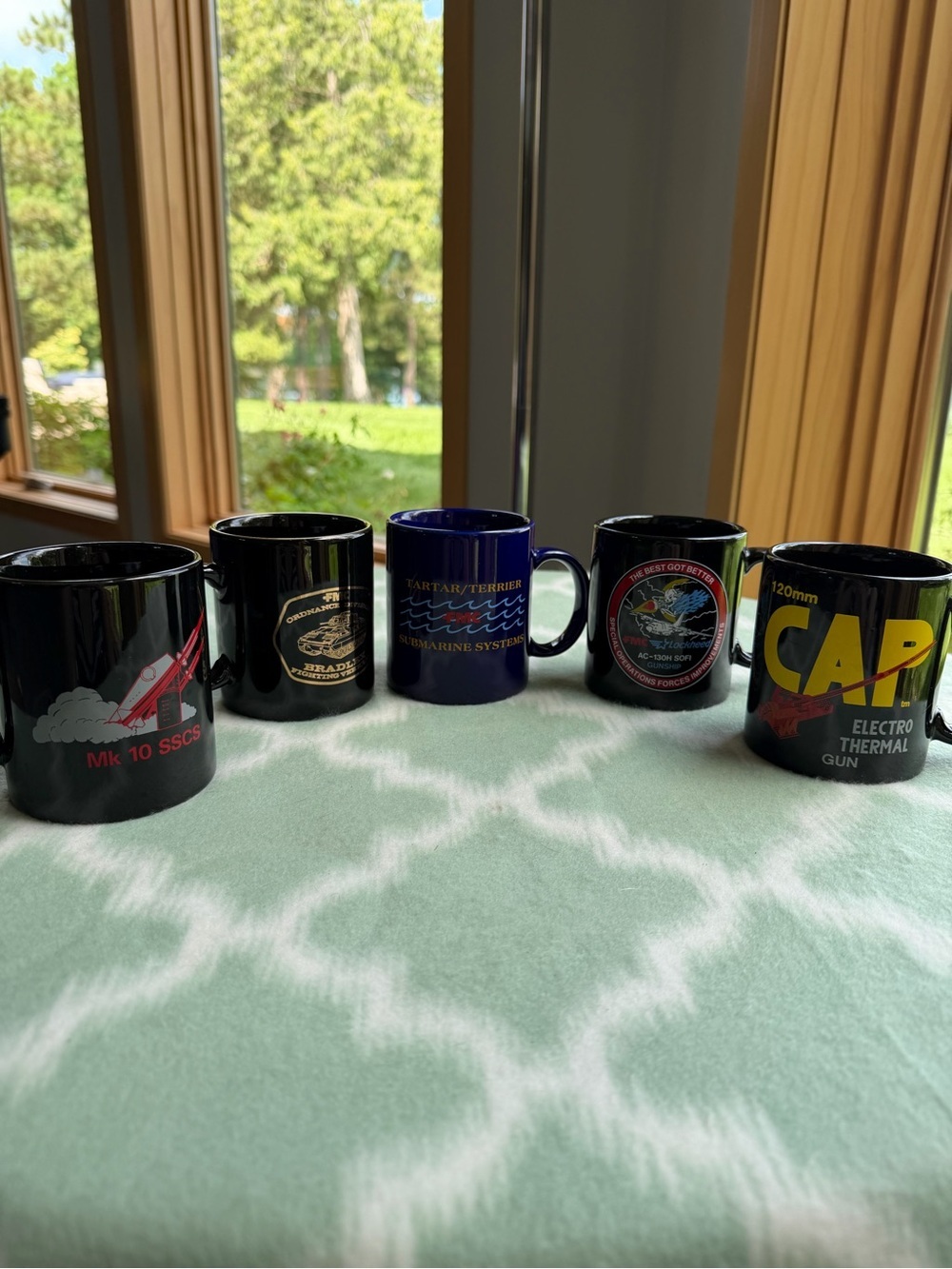 Set of 5 Vintage Collection of FMC Black & Navy Military Graphic Coffee Mugs